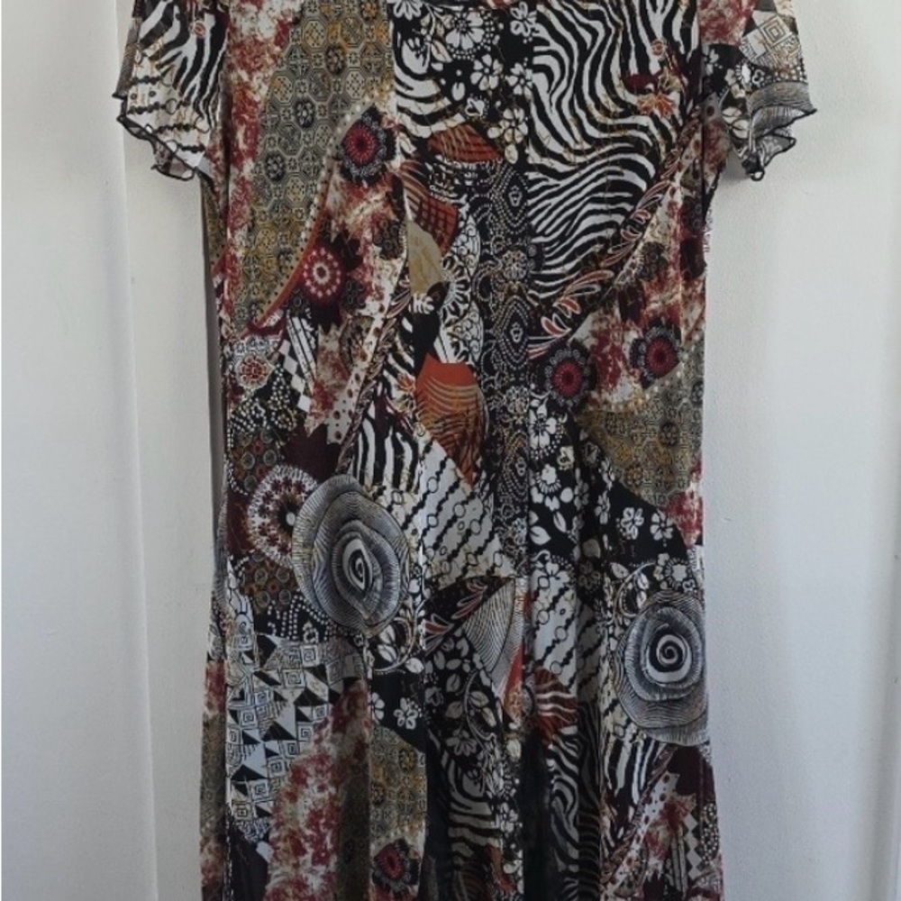 Abstract Print Short Sleeve Women’s Dress - Black/Brown Mix